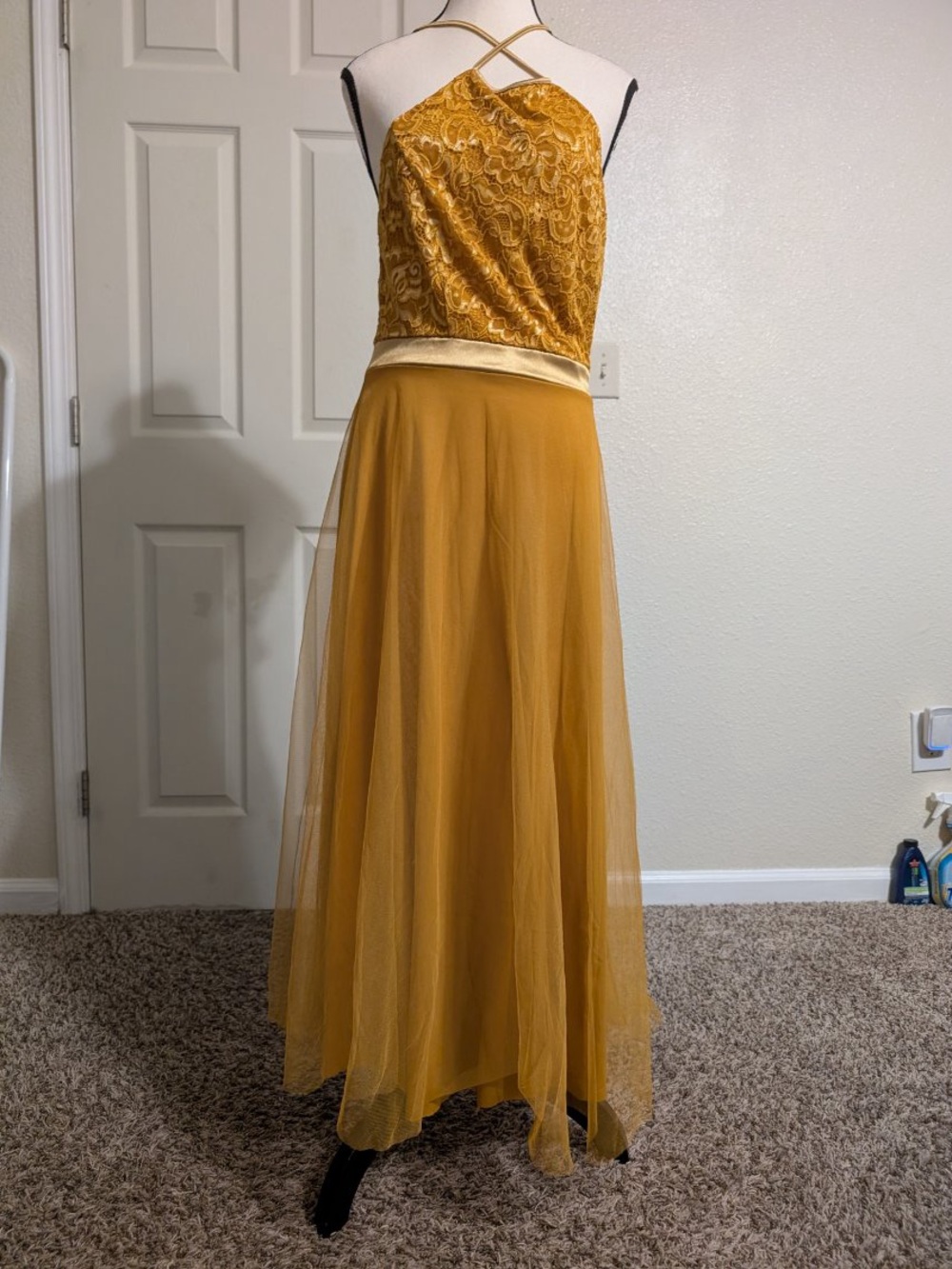 Golden Mustard Maxi Dress with Lace Bodice